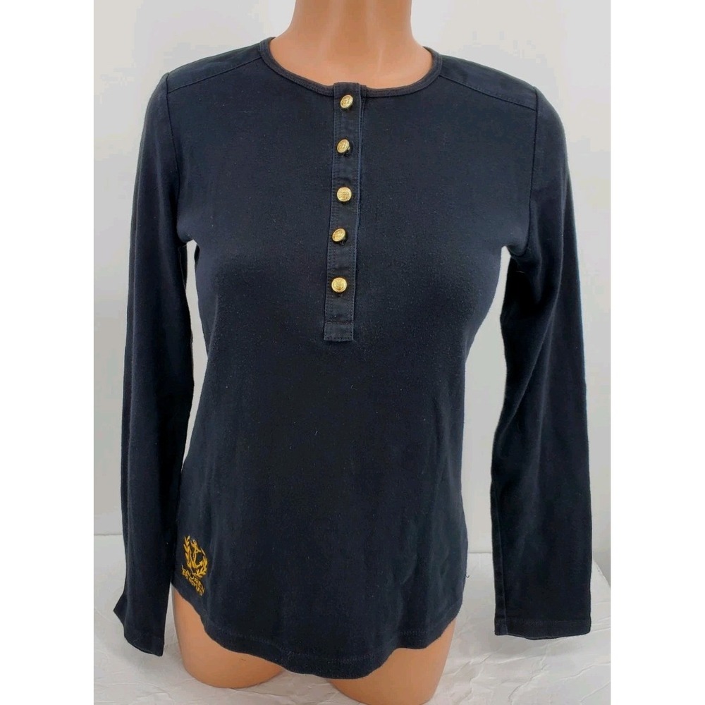 LRL Ralph Lauren Black Long Sleeve Shirt Gold Buttons Size Small Embroidered